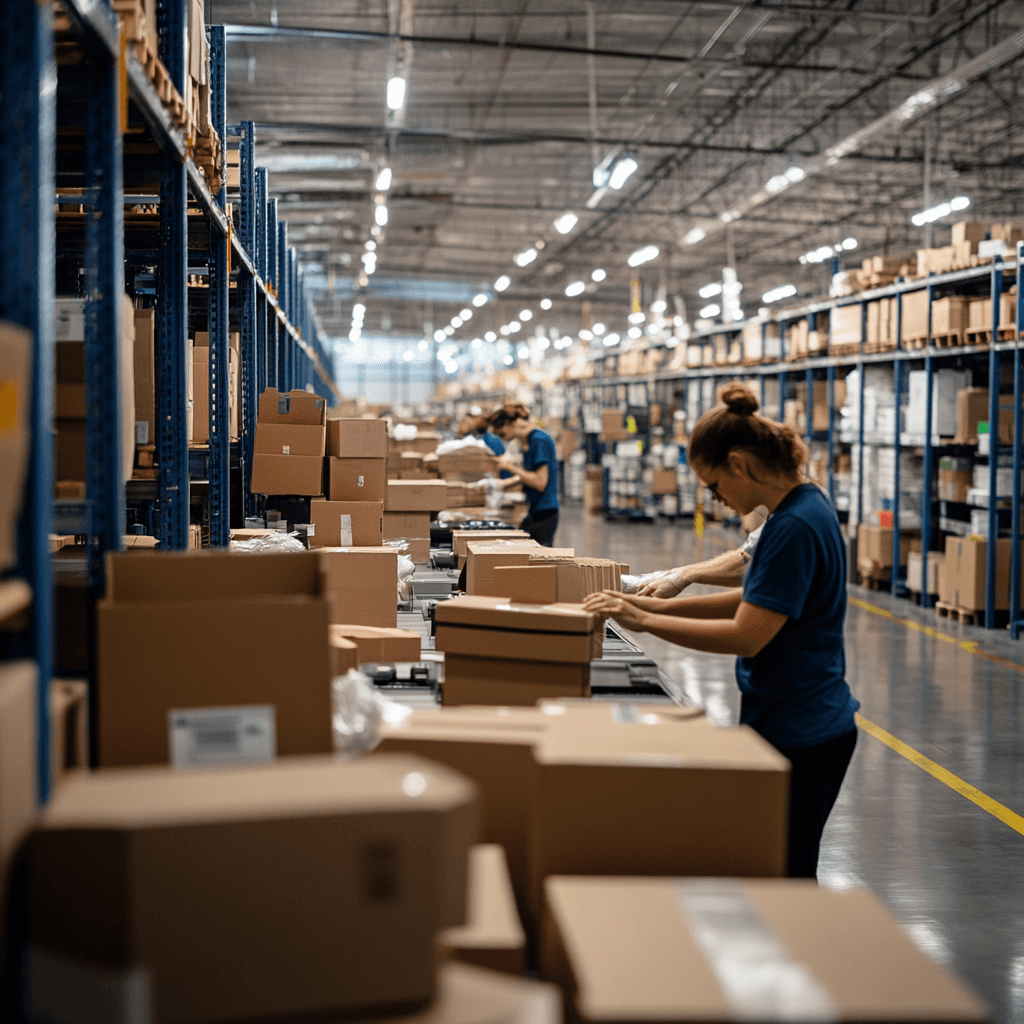 Warehouse workers processing packages